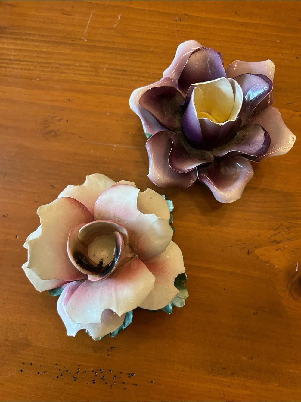 Vintage Italian Porcelain Flower Candle Holders in Pink and Purple - Capodimonte